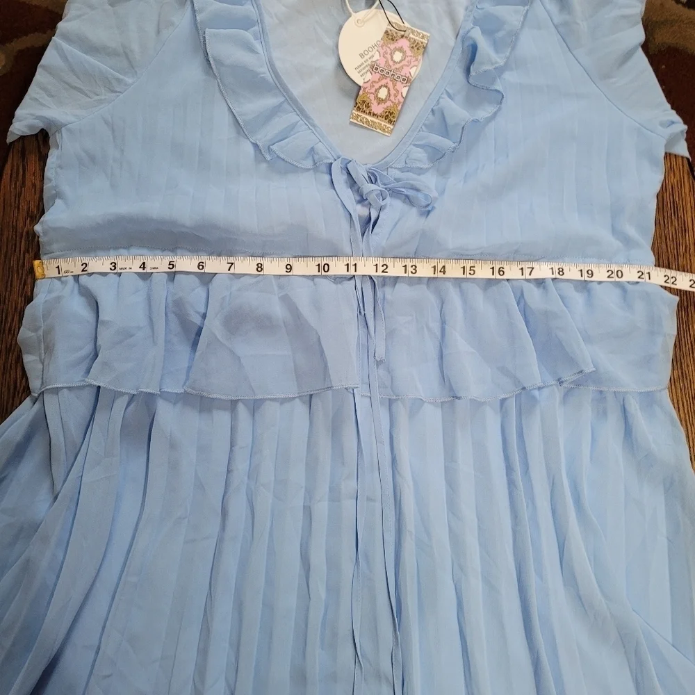 Boohoo Blue Pleated Long Sleeve Ruffle Midi Smock Dress Size Women's 6 NEW